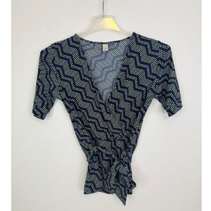 Merona Wrap Blouse‎ Women's Medium Y2K Dot Print Tie Waist Stretch Navy